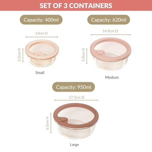 Image of Nestasia Vento Glass Containers with Lid Set of 3 (400ml, 620ml, 950ml) - Round Containers with Air Vent Lid for Kitchen Storage | Microwave, Dishwasher & Refrigerator Safe (Beige Ombre)
