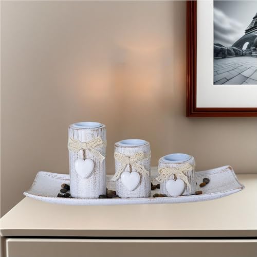 Image of Hosoncovy Wooden 3 Cylindrical Tealight Holder with Tray and Pebbles Heart Tealight Candle Holder Set for Home Decor Gift Idea (White)