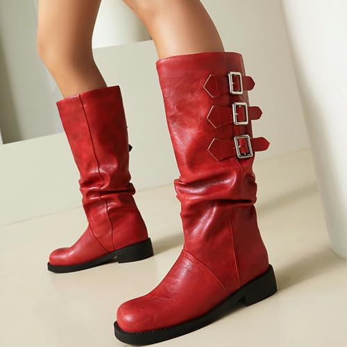 KysBloes Knee High Buckle Boots for Women Flats Riding Boots Sqaure Toe Slouch Boot Low Heel Biker Moto Gothic Shoes4