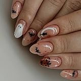 Halloween Press on Nails Medium Almond - Cute Ghost Fake Nails with Bat Pumpkins Black Cat Pattern Designs Acrylic Holiday False Nails Accessories Full Cover Glossy Glue Stick on Nails for Women Girls