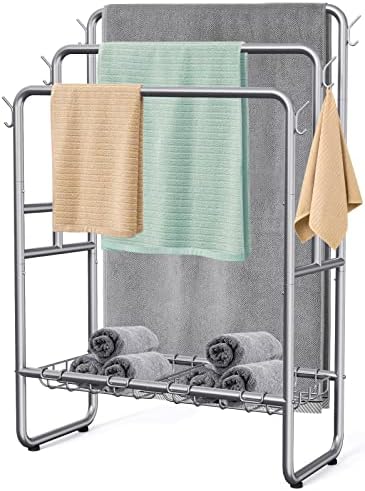 40 H Free Standing Towel Rack with 2 Storage Baskets & 6 Hooks. 3 Tier Silver Metal Towel Stand ...