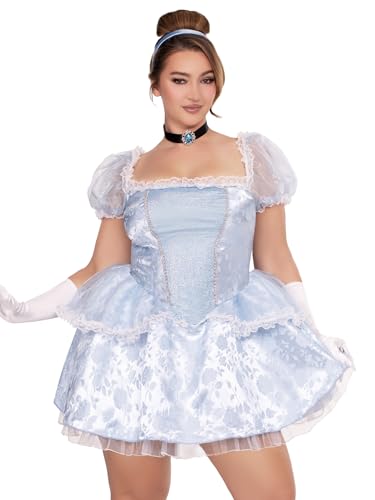 Leg Avenue Women's 3 PC Ballroom Babe Cinderella Costume for Women Halloween Costumes Adult Princess Dress Includes Lace Trimmed Brocade Cinderella Dress, Jewel Choker, and Headband, Blue, 1X-2X