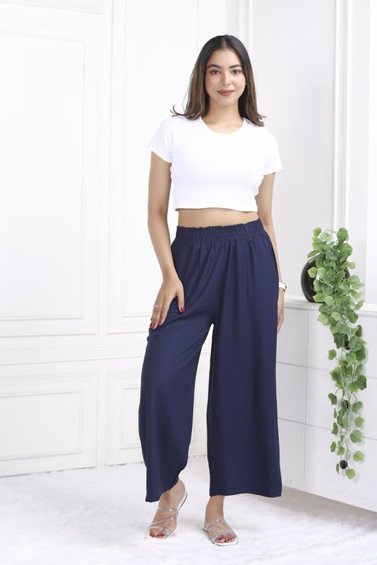 Image of Mlada Rayon Palazzo Pants for Women | Palazzo Pant for Women | Palazzo for Office Wear | Mid Rise Palazzo Pants | Regular Fit Palazzo Pants for Women | Relaxed Palazzo Pants | Solid Palazzo Pants