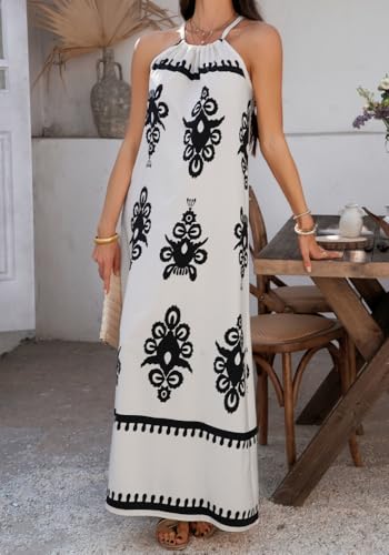 Image of Sulozom Summer Maxi Dresses for Women 2025 Casual Floral Halter Sleeveless Boho Dress Flowy Beach Vacation Outfits