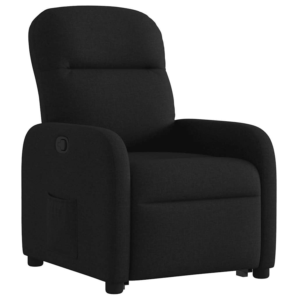 Sillón elevador eléctrico reclinable de tela negra con elevación automática y respaldo manual, cómodo asiento acolchado y marco estable, ideal para personas mayores