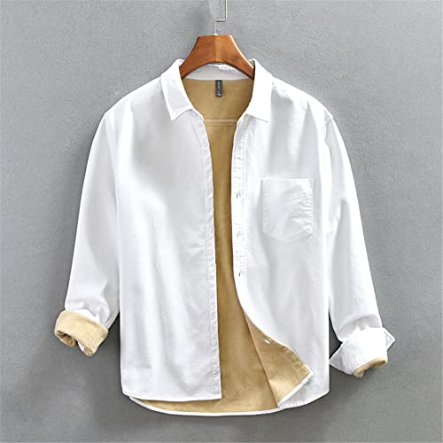 Dickes Fleece-Hemd für Herren, Brusttasche, Oxford-Baumwolle, einfarbig, langärmelig, Revers, 518 Weiß, M