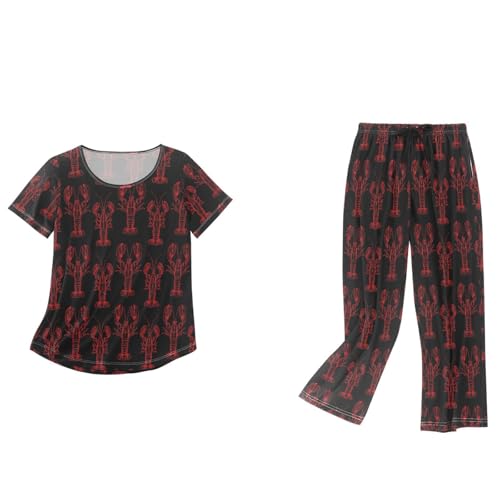 Peystean Women's Softy 2 Pcs Pajamas Set,Fashion Red Llobsters Black Ladies Home Loungewear Set Short Sleeve Blouses Tops and Drawstring Capri Pants Daily Pjs Adult Cloth XXL