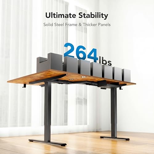 Image of HUANUO Dual Motor 63x40 inch L Shaped Electric Standing Desk with 3 Preset Heights, Electric Height Adjustable Computer Table, 2 Hooks & Cable Tray, Raising Desk for Home Office, Vintage Brown