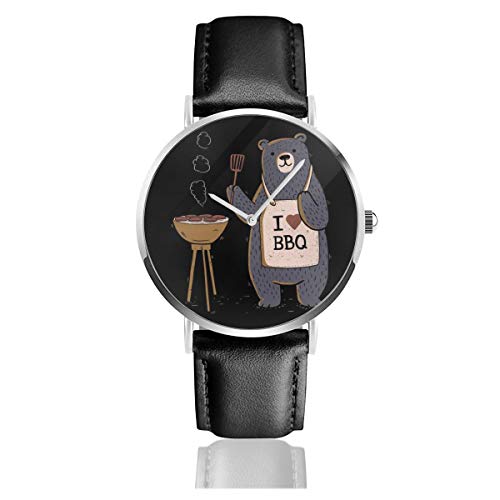 Unisex Business Casual Bear Grill I Love BBQ Uhren Quarz Leder Uhr mit schwarzem Lederband für Männer Frauen Junge Kollektion Geschenk