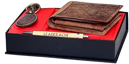 Leaderachi Genuine Vintage Hunter Leather RFID Blocking Bi fold Wallet with Designer Leather Key Ring & Wooden Pen Combo Gift Box for Mens.(WKP-4)