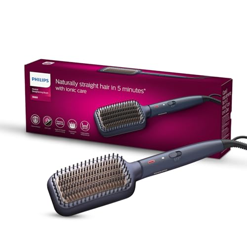 Philips Hair Styling Brand Hair Straightener Brush,Naturally Straight in 5 Mins,5X Less Frizz,Advance Ionic Keratin Tech,Triple Bristle Fast 50s Heatup,Scalp Protect,For Indian Hair,BHH885
