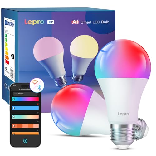 Lepro B2 AI Lampadina Smart E27, 1100LM RGB&Luce Bianca Regolabile, Progettista Illuminazione AI Personalizzato, Funziona con Alexa/Google Assistant, Connessione Wi-Fi e Bluetooth, Sync Musicale, 2pcs