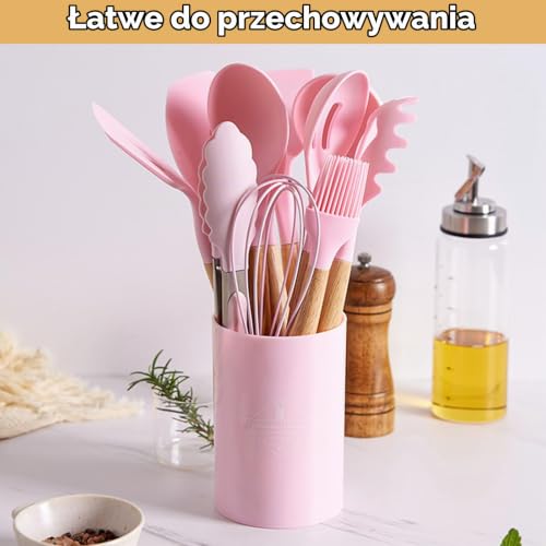 Zestaw przyborów kuchennych silikonowych, łyżka kuchenna silikonowa zestaw 22 sztuki, skrobak do garnków silikonowy, chochla kuchenna silikonowa (wyposażony w 10 haczyków) (Różowy)