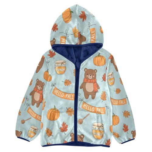 Hello Fall Bears Pumpkins Leaves Toddler Fleece Jacket Girl Boys Hooded Fleece Jacket Coat Warm Outwear Zip-up 3-10T