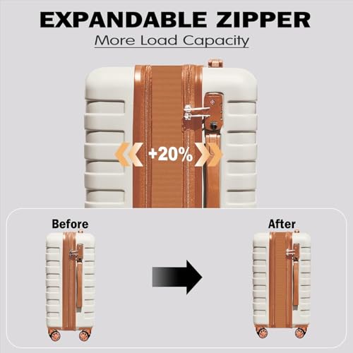 Image of Zebra 20 inch Expandable Carry-On Luggage Set with TSA Lock, Lightweight Hardshell Suitcase with Spinner Wheels, PC+ABS Durable Checked Luggage, Bonus Travel Backpack & Cosmetic Makeup Bag, White-Brown