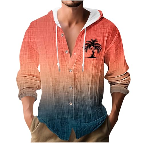 Mens Long Sleeve Beach Hippie Shirts with Hood Summer Fashion Print Gradient Hoodies Casual Button Beach Yoga Shirt