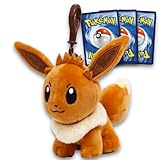 Eevee Plush Keychain Set - Bundle with 5' Eevee Keychain Plushie Plus Pokemon Cards | Pokemon Plush Bag Clip for Backpack, Purse, More