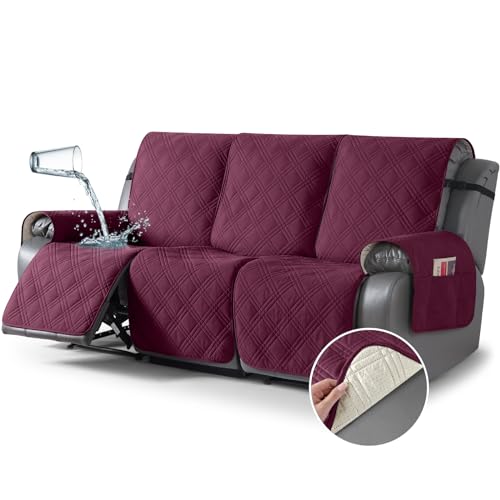 Image of TAOCOCO 100% Waterproof Recliner Sofa Cover, Non Slip Split Couch Covers for Reclining Couches with Elastic Straps (3 Seater, Wine)