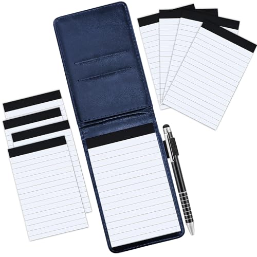 Elezeal Soft Leather A7 Notebook Pocket Refill Notepad Holder Set, Small Memo Note Pad, 8 Pcs 40 Sheets Lined 3" x 5" Refills Memo Book Steno Notebooks, 1 x Black ink Pen (Blue-10 pack)