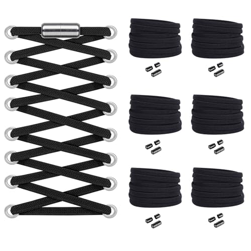 Widamin 6 Paar elastische Schnürsenkel mit Metallverschluss No Tie Shoelaces, Faule Schnürsenkel Ohne Binden für Kinder und Erwachsene（flach Schwarz）