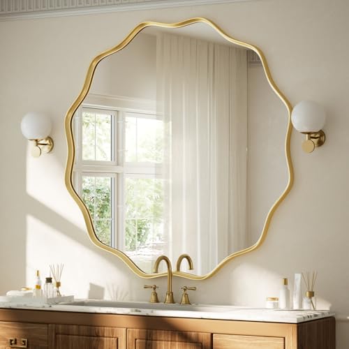 Image of VooBang Gold Scalloped Circle Mirror, 36" Wavy Edge Round Wall Mirror with Tempered Glass Textured Circular Metal Deep Frame, Hanging Leaning for Bathroom, Hallway, Entryway, Livng Room