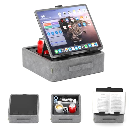 KDD 5 en 1 Coussin Support Tablette, Support de Lecture Pliable avec Plateau de Rangement & 2 Porte-gobelets, Porte iPad Réglable pour Genoux, Lit, Bureau, Canapé,...