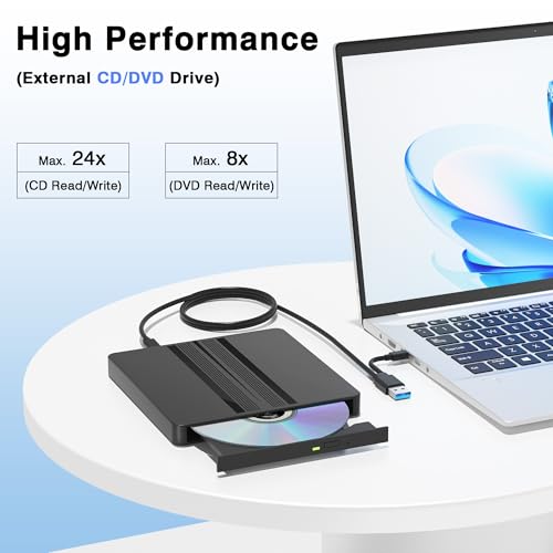 qoyeia External CD/DVD Drive for Laptop, USB External DVD Drive CD Burner Reader for Laptop, DVD/CD-ROM +/-RW Disc Optical Drives for PC Desktop MacBook Mac Windows10/11 Linux OS - Thumbnail 2
