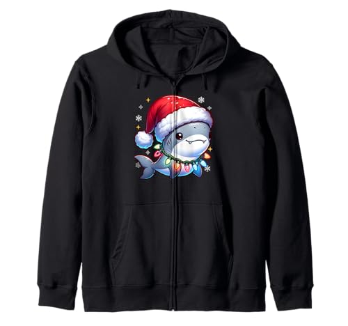 Tiburón lindo en sombrero de Papá Noel con luces de Navidad Sudadera con Capucha