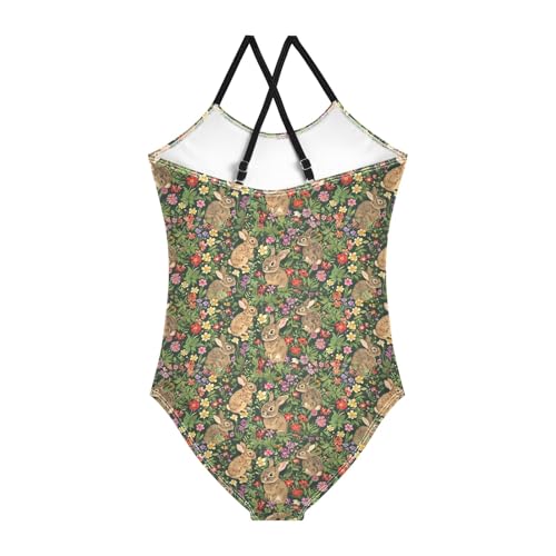 senya Girls Swimsuits One-Piece Swimwear Tie Bathing Suit Beach Summer Round Neck 7-8T Flower Rabbit Pattern2