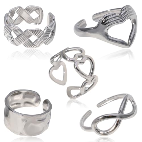 AFCJLTO 5 Piezas Anillos Mujere Acero Inoxidable Anillos Mujer Plata Ajustable Anillo de Apilamiento,Abierta Anillo Nudillo Conjunto Apilable Anillo Pulgar Midi Anillos Plata(Estilo B)