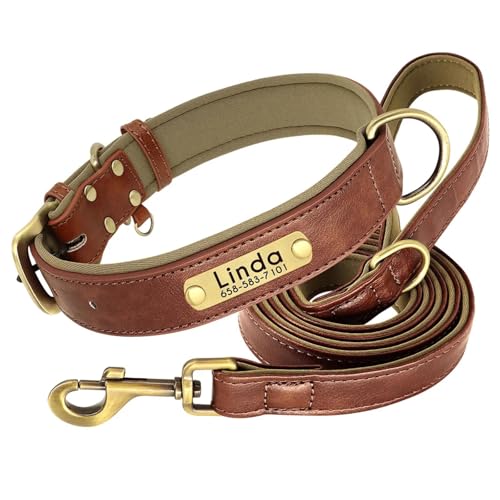 Collar y Correa De Cuero Acolchado Suave Personalizado para Perro, Collar De Cuero Personalizado, Placa De Identificación Grabada Gratis para Perros Pequeños, Medianos y Grandes Brown Set,M