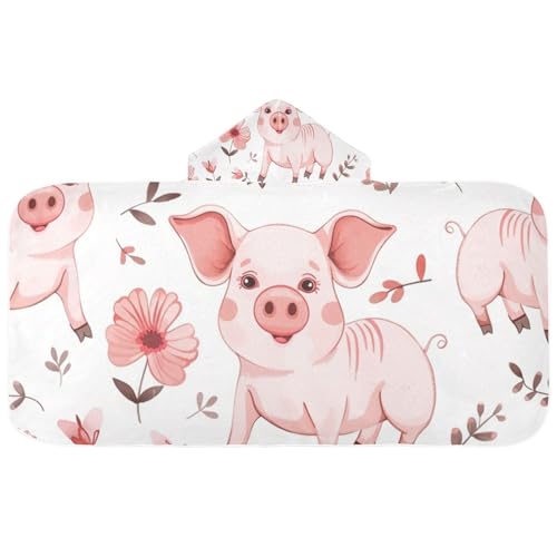Image of Cute Pig Animal Hooded Beach Towel for Kids, Kids Bath Hooded Towels for Boys Girls, Super Soft Absorbent Bathrobe with Hood for Swin Pool 50 inchx23.5 inch