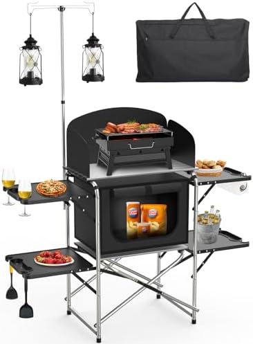 Amazon.com : VEVOR Camping Kitchen Table, Folding Outdoor Cooking Table with Storage Carrying ...