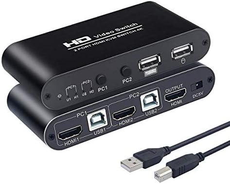 KVM Switch HDMI 2 Port Box, KCEVE USB KVM Switches for 2 Computers Share Keyboard Mouse and one HD Monitor, Support Hotkey Switching, UHD 4K（3840x2160）