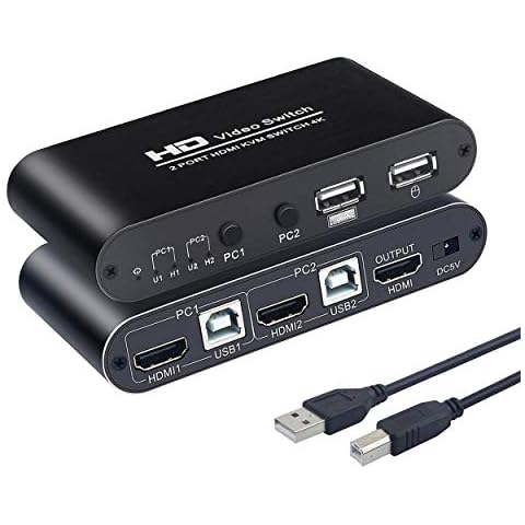 AIMOS KVM HDMI Switch, USB Switch 4K HDMI Switcher Box 2 In 1 Out For 2 Computers Share Keyboard And Mouse Support 4K@30Hz 3D for Windows/Linux/Mac System etc, With 2x USB, 1x Power Cable Cover