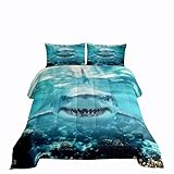 Erosebridal Shark Comforter Set, 3D Shark Bedding Set Full Size, Ocean Wave Sea Animals Duvet Set for Kids Boys Ocean Sea Wave Quilt Blue White