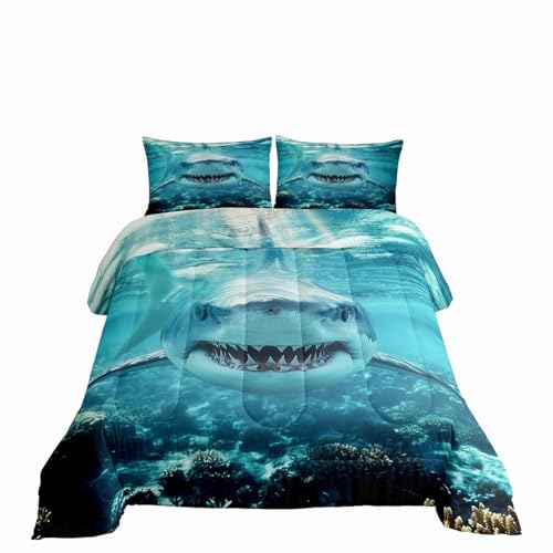 Erosebridal Shark Comforter Set, 3D Shark Bedding Set Twin Size, Ocean Wave Sea Animals Duvet Insert for Kids Boys Ocean Sea Wave Quilt Blue White