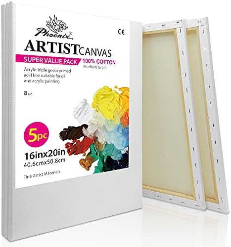 PHOENIX Stretched Canvas for Painting 16x20 Inch/5 Value Pack, 8 Oz Triple Primed 5/8 Inch Profile 100% Cotton White Blank Canvas, Large Framed Canvas for Oil Acrylic & Pouring Art