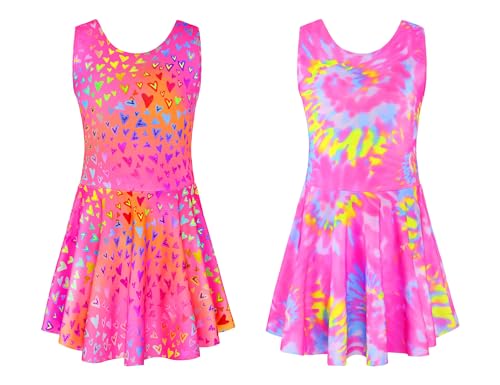 Bundle of Girls Swimsuits Kids One Piece Sleeveless Swimwear Skirted Bathing Suit Summer Swim Dress with UPF 50+ Sun Protection
