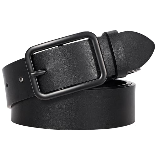 WERFORU Women Classic Black Leather Belt With Square Silver Buckle For Jeans Pants,1.3