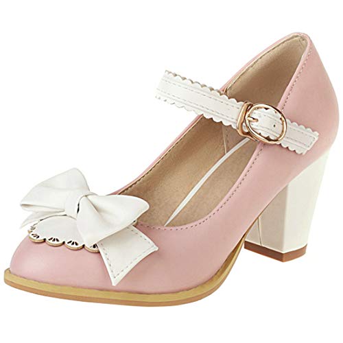 AIMODOR Womens Vintage Mary Jane Block Mid Heel Ankle Strap Pumps with Bow