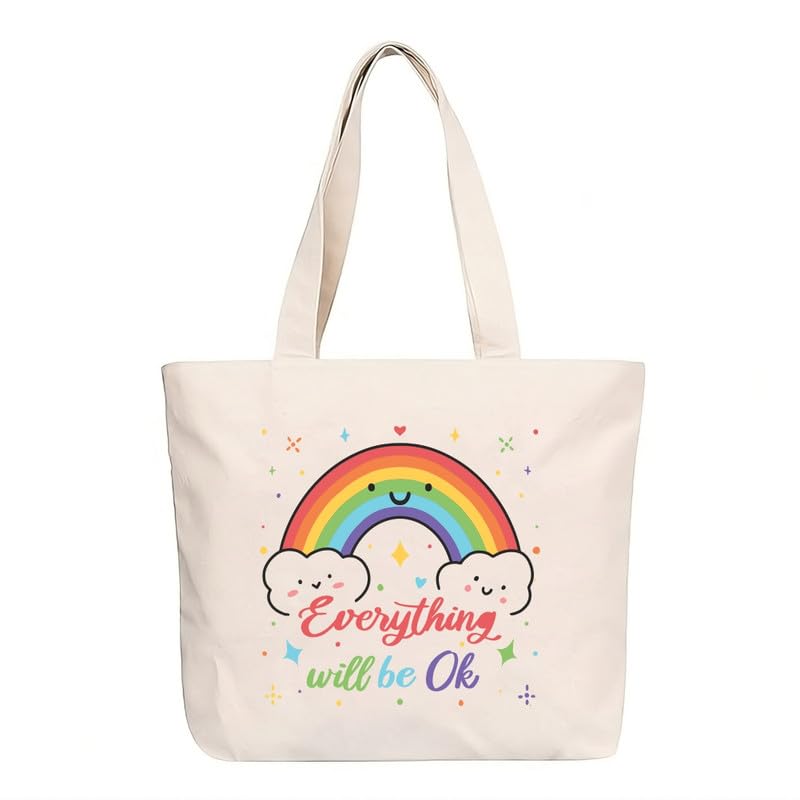 Roundsun Eco-Friendly Printed White/Black Cotten Canvas Horizontal Tote Bag | Main YKK Closer | Inner Pocket With Zip Clouser | 300 GSM Cloth (Rainbow Ok) (B0D2B2J21K) Amazon Price History, Amazon Price Tracker