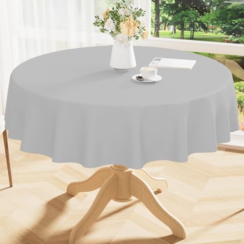 Image of Smiry Round Table Cloth 60 Inch, Waterproof Wipeable Vinyl Tablecloths Protector, Oil Spill Proof Plastic Table Cover for Dining, Picnic, Camping, Outdoor, Light Grey