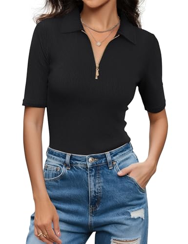 Women's Half Sleeve Top 2025 Summer Elegant V Neck Zipper Collared Work Shirts Slim Fitted Dressy Blouses