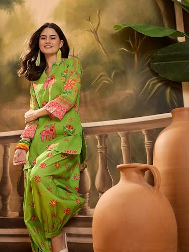 Image of EthnicJunction Women's Linen Floral Print Summer Wear Straight Short Kurti with Afghani Pant Set | Co Ord Set for Women Stylish | Fusion wear Women