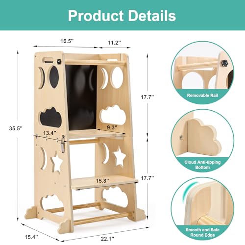 Toddler Kitchen Stool Helper, 4 in 1 Toddler Standing Tower Collapsible Kids Step Stool, Child Standing Tower for Toddlers 1-3 with Safety Rails