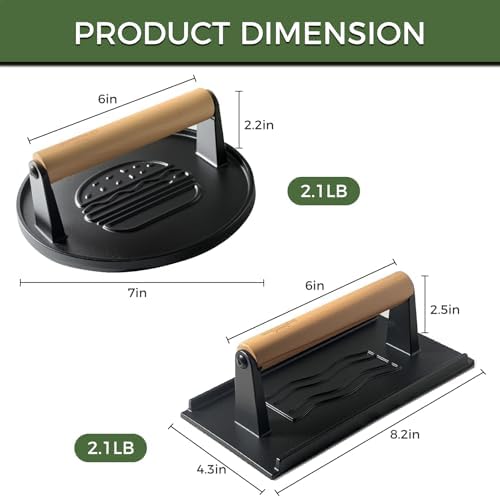 Cast Iron Smash Burger Press (2PCS),Grill Bacon Meat Press Tool,Perfect for Blackstone, Camp Chef, Weber Grills & Indoor Griddles – BBQ & Cookout Must-Have (Round & Rectangle -Grooved) - Thumbnail 2