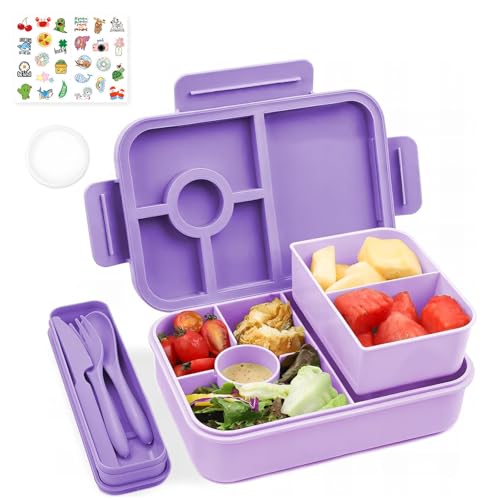 Bugucat Fiambrera infantil con compartimentos, 1300 ml, 3 unidades, a prueba de fugas, con 4 compartimentos, con compartimentos para adultos, caja de desayuno, fiambrera para niños y niñas, color lila