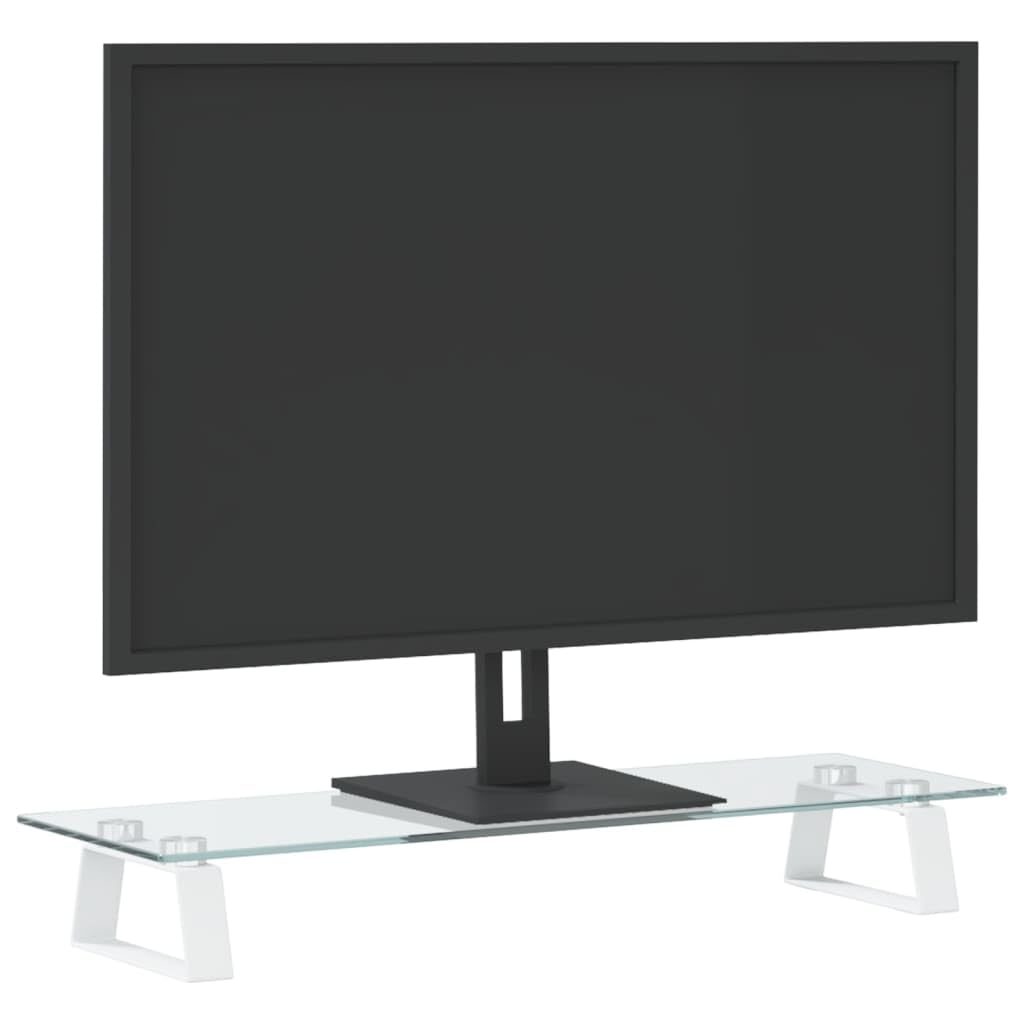 Supporto per monitor bianco, 60 x 20 x 8 cm, in vetro temperato e metallo, rialzo ergonomico per la scrivania, supporto per monitor con vano portaoggetti, spessore vetro 5 mm