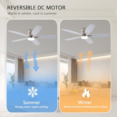 Image of Ayaoty Ceiling Fans with Lights, 52 inch Low Profile Indoor Ceiling Fan with Light and Remote Control, Dimmable, Noiseless, Reversible, Nickel Ceiling Fan for Bedroom, Indoor /Outdoor Use